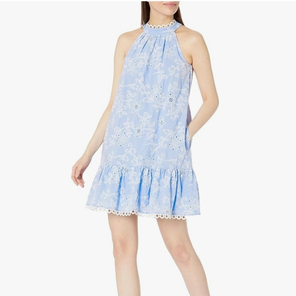 Eliza J Women's Floral Sleeveless Embroidered Light Blue Halter Dress, Size 8
